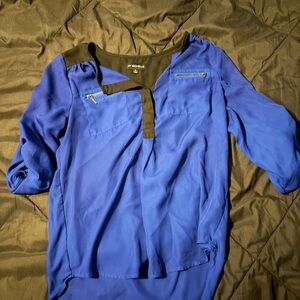 Blue and Black Blouse with Zipper Accents